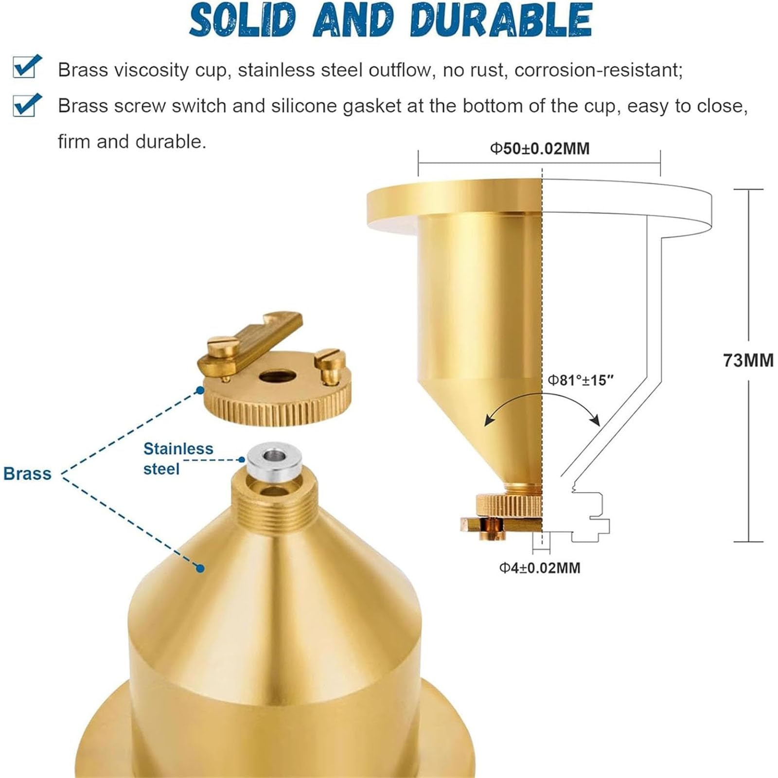 Viscosímetro para prueba de viscosidad líquida, capacidad de 100 ml, soporte y cronómetro ajustables, ajuste de nivel, ángulo de cono interior 81° + 15 pies, ideal para revestimientos, pinturas y