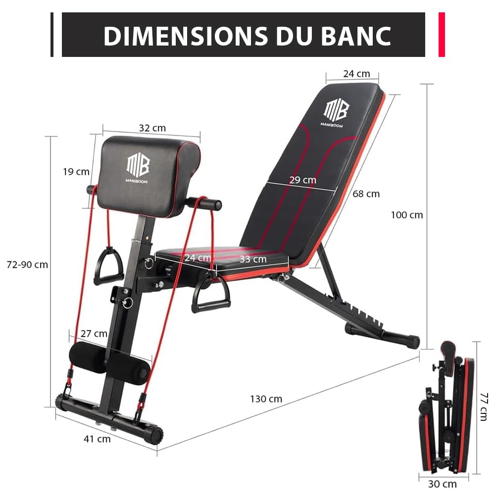 Banc de Musculation Pliable et Inclinable à 7 Positions -Banc Musculation Multifonction Abdominaux Capacité de 250 kg - Banc Musculation Complet Avec 2 Bandes D'entraînement et Coussin pour Biceps