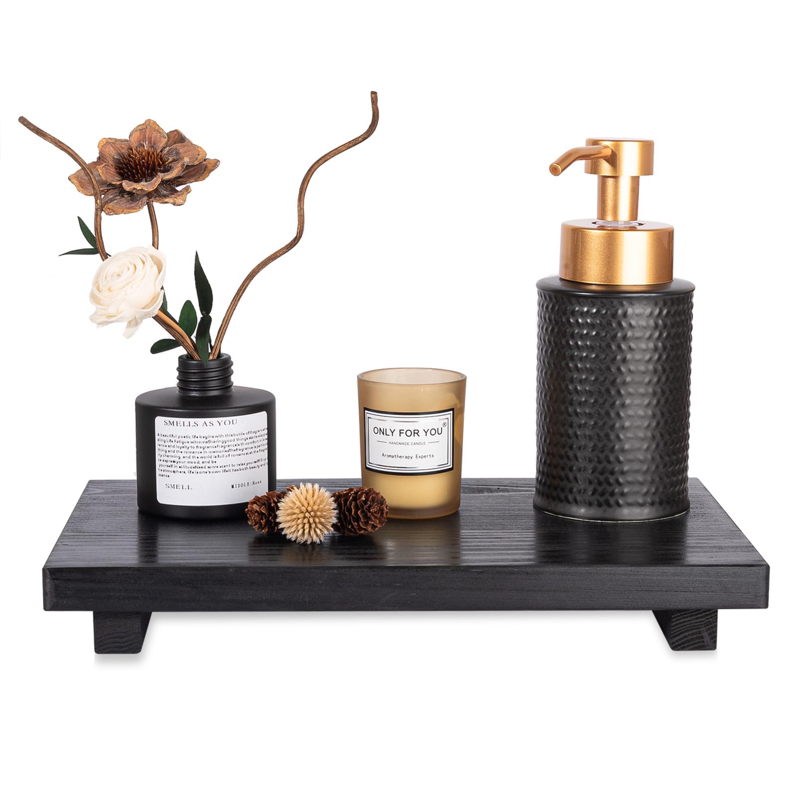 Bathroom Counter Organizer Wood Pedestal Stand Farmhouse Decorative Tray Soap Holder for Kitchen Decor, Large 11.8" x 7" - Black