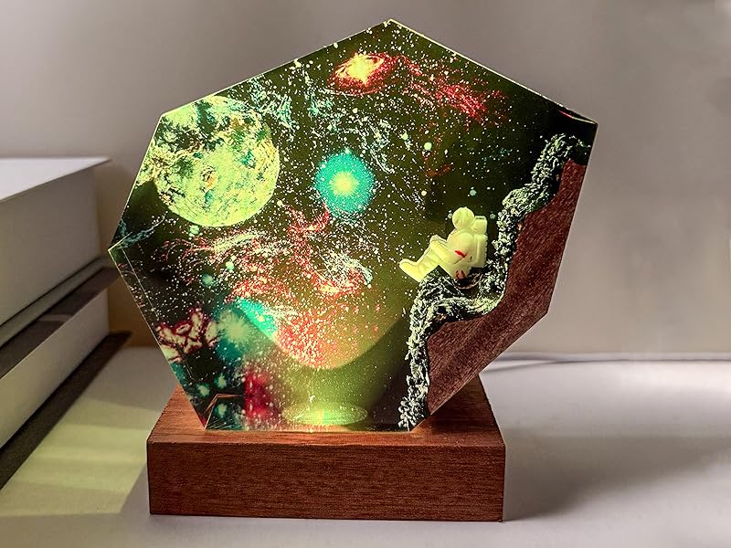 Handcrafted Astronaut Resin Lamp, RGB Galaxy Light With Wood Base USB Charging, Space Themed Bedroom Decor, Astronomy Gift for Sci-fi Lovers, Birthday Valentine's Day Gifts for Women & Men (S,6"x4")