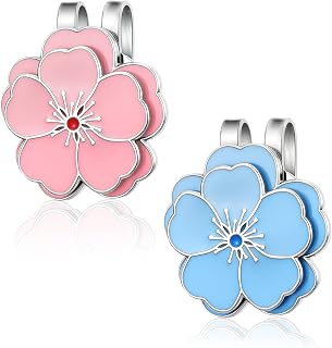 2Pcs Magnetic Golf Ball Marker Hat Clip, Flower Shape Golf Marker Magnet Hat Clip, Stainless Steel Ball Bag Accessories for Men Women(Blue, Pink)
