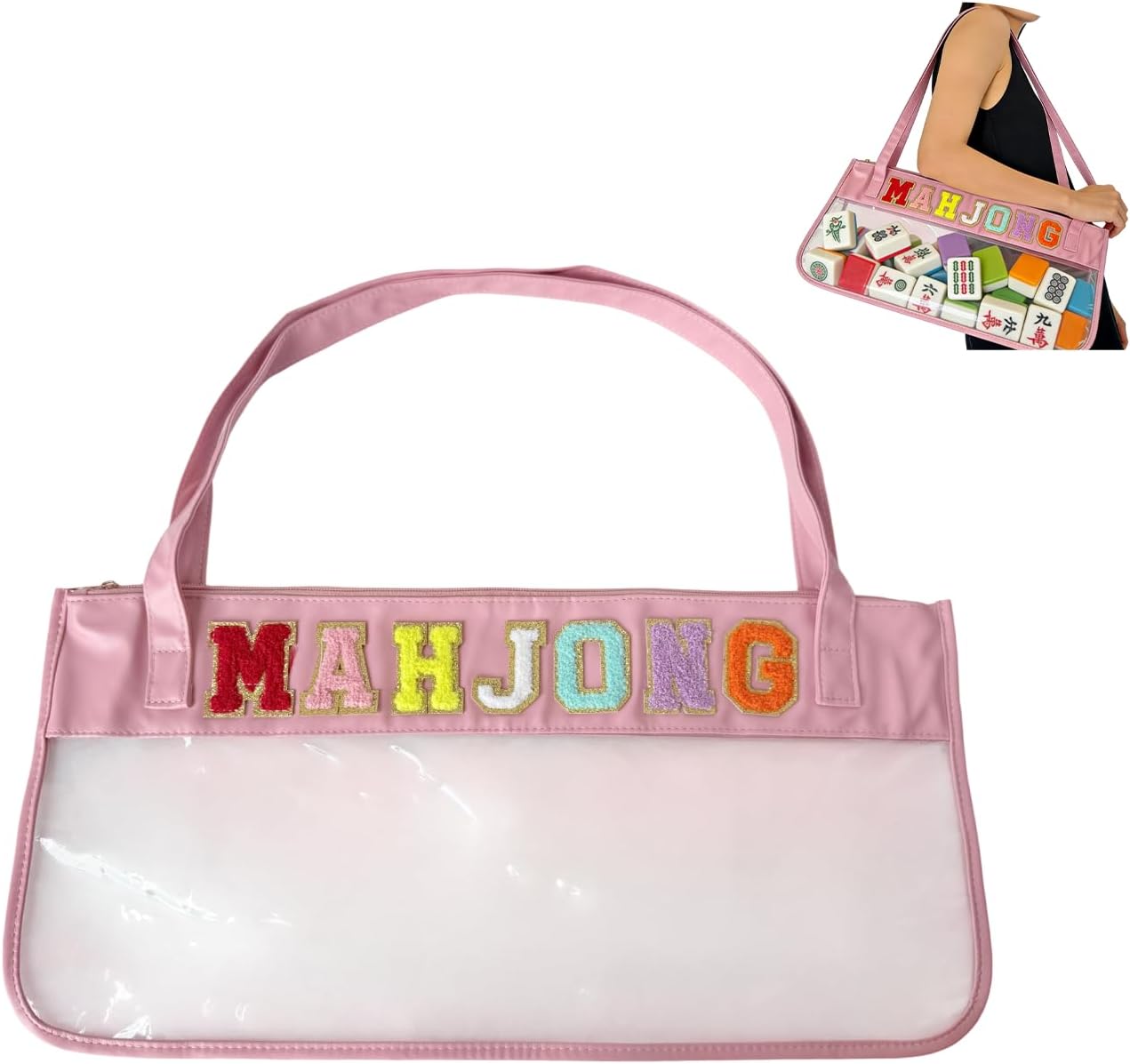Large Capacity Mahjong Tile Bag – Transparent Waterproof Mahjong Bag with Comfortable Shoulder Strap, Holds Full American Set, Pink