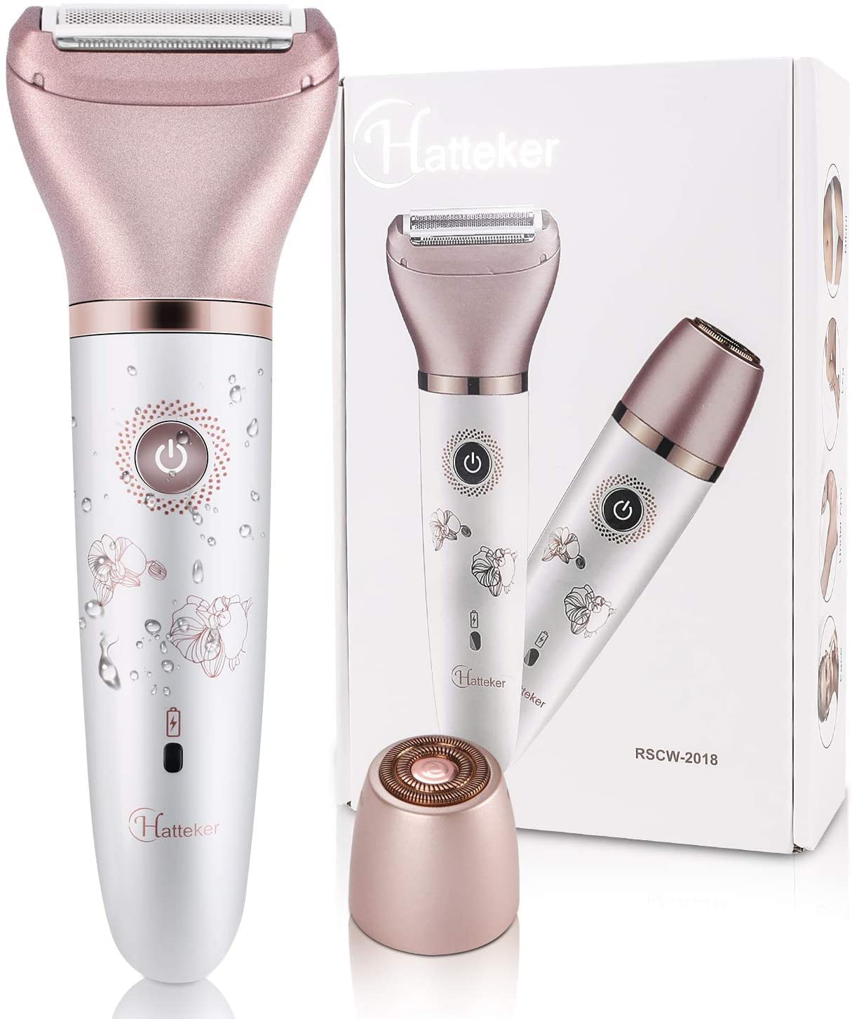 Hatteker Electric Razor For Women, Hair Removal For Women 2 In 1 Wet & Dry Rechargeable For Legs Underarms And Bikini Pop-Up Trimmer 2 Changeable Trimmer Heads (Rose Gold)