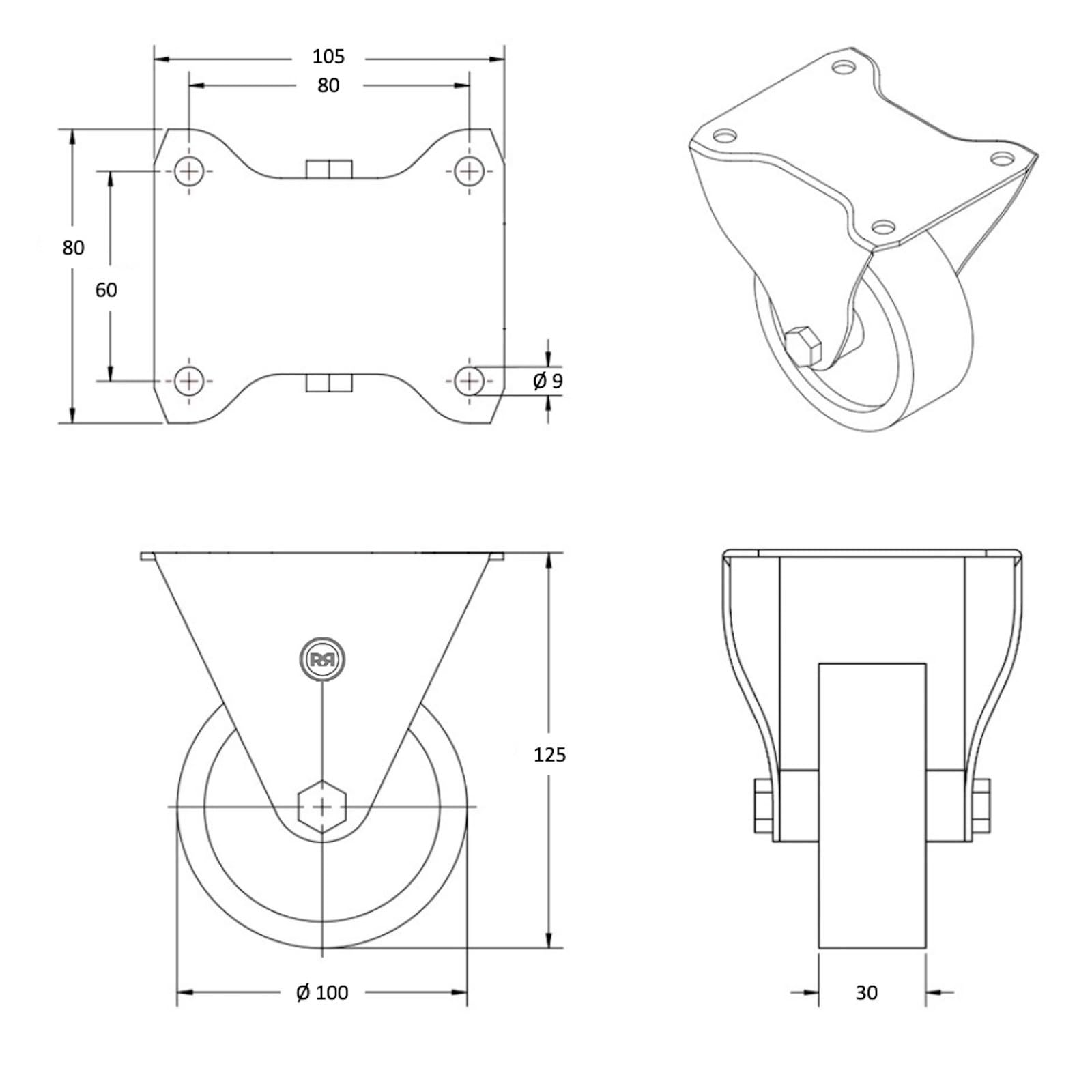Lot de 4 Roulettes pivotantes diamètre 100 mm tente
