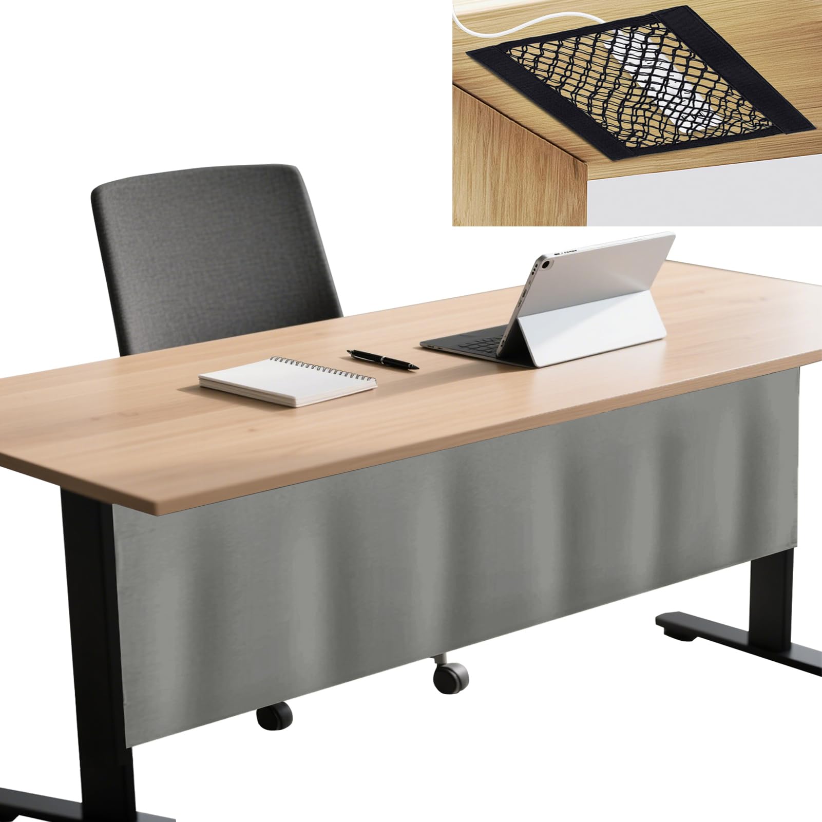 Icegrey Pannello per la Privacy sotto la scrivania con Rete per la Gestione dei Cavi, Pannello per scrivania Autoadesivo, Tenda per scrivania, per Ufficio e casa, Grigio, 180x38cm