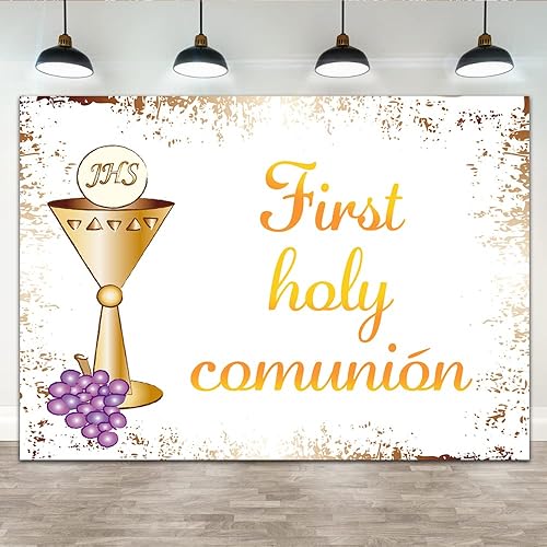 Lofaris Telón de fondo de fiesta de la primera comunión de 7 x 5 pies para fotografía Mi Primera Comunión Púrpura Uvas Fondo JHS Dios bendiga