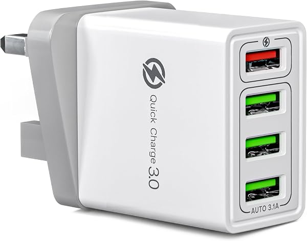 Fast Charger Plug USB Charger – Ultra Fast 4 Port Multi USB Plug Adaptor UK – 33W Quick Charge 3.0 Wall Charger Adapter Plug UK – Phone Charger Plug Fast Charging for iPhone, Samsung, iPad and more - 1