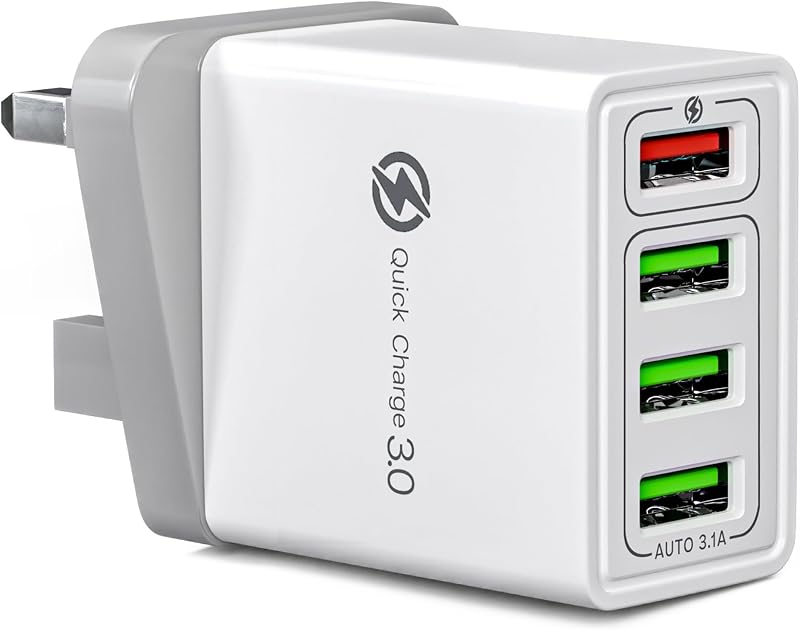 Fast Charger Plug USB Charger – Ultra Fast 4 Port Multi USB Plug Adaptor UK – 33W Quick Charge 3.0 Wall Charger Adapter Plug UK – Phone Charger Plug Fast Charging for iPhone, Samsung, iPad and more