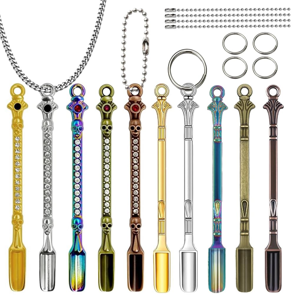 10 Pcs Mini Spoons, Tiny Metal Spoons Rhinestone Mini Shovels Keychain Medicine Spoon Pendants with Necklace Alloy Skull Small Spoon Home Kitchen Spices DIY Craft
