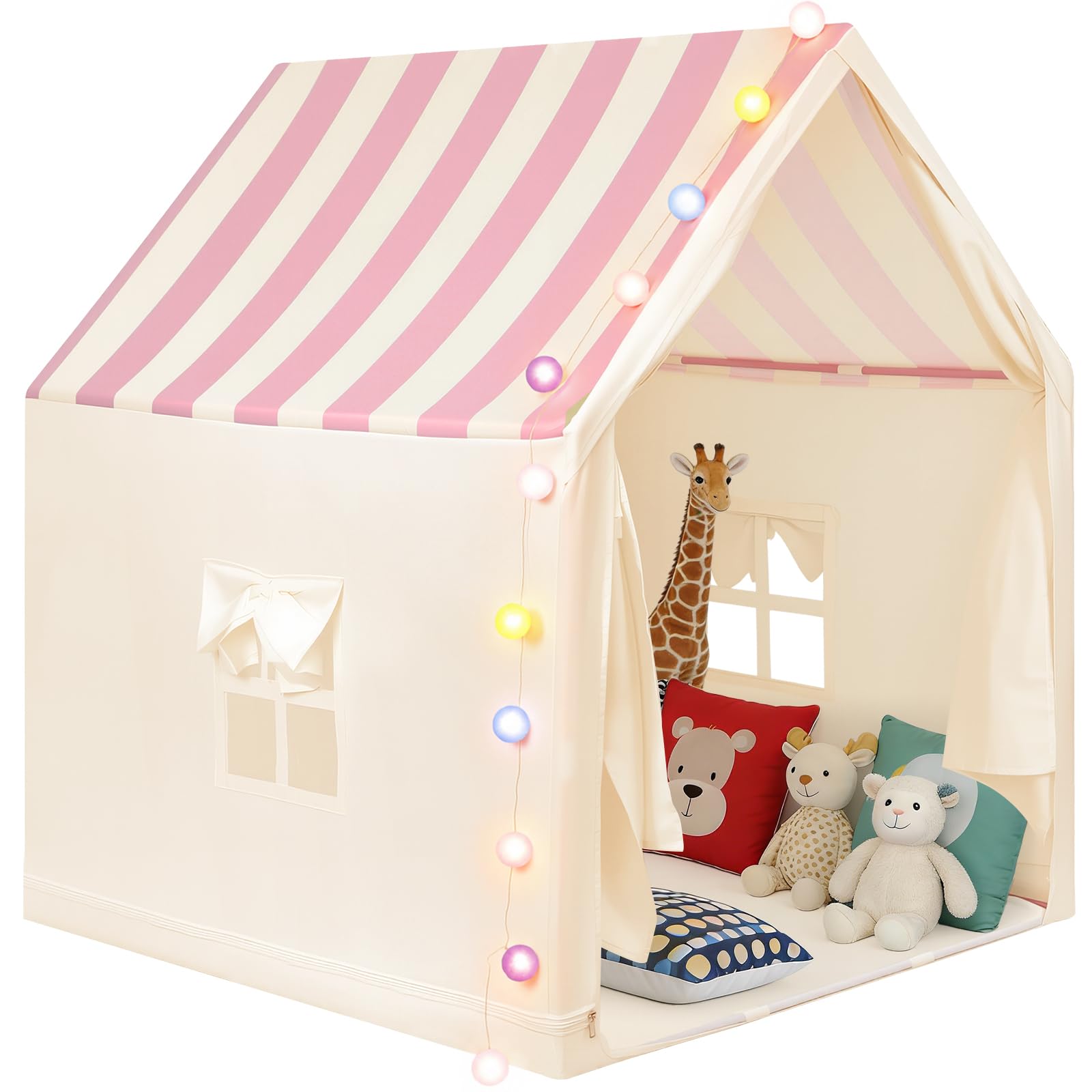 Anbte Children's tent, pink stripes, for children from 3 years | Spacious and Portable, Playhouse for Girls and Boys, with Lights, Metal Rods and Carry Bag Global Recycled Standard Global Recycled Standard Global Recycled Standard