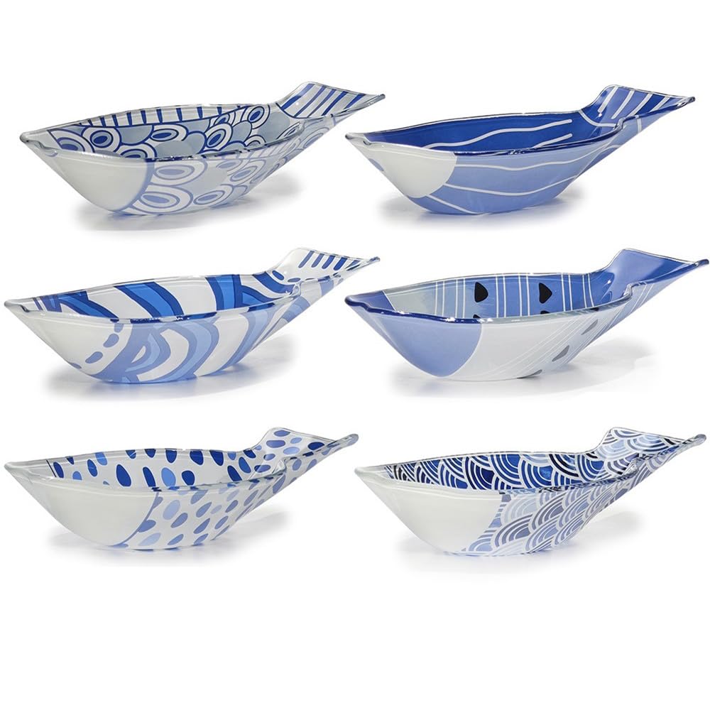 Set 6 Ciotole a Forma di Pesce in Vetro Decorato Piatti Portata Mare Assortiti Blu e Bianco Lunghezza 21,5 cm, per una tavola marina Ideali per Antipasti Aperitivi e Finger Food Professionali.