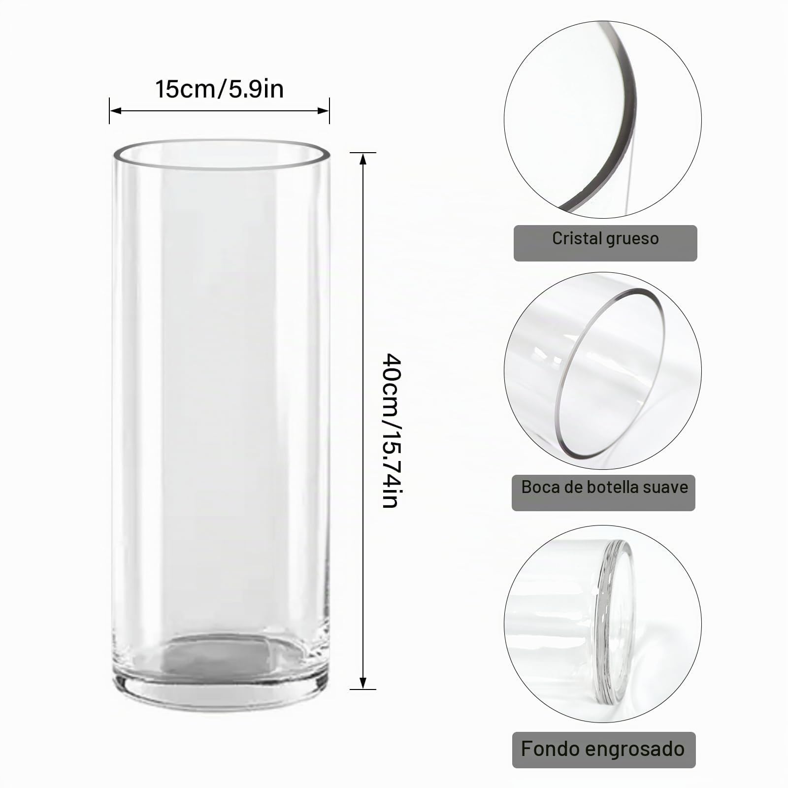 Jarrón cilíndrico de cristal transparente de 40 cm x 15 cm, jarrón de cristal grueso extra grande para arreglos florales para centros de mesa, sala de estar, cocina, oficina, boda