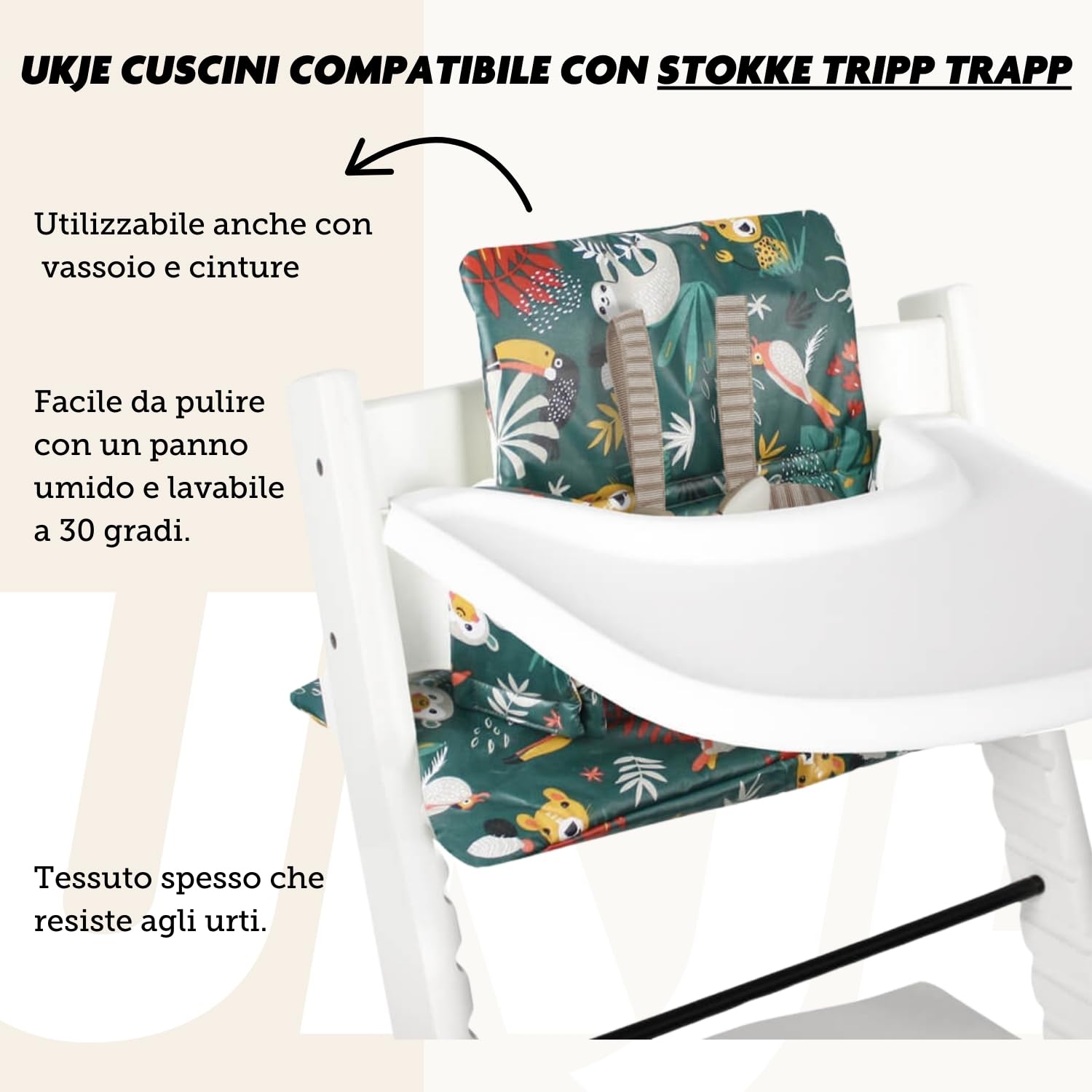 UKJE Cuscino compatibile con Stokke Tripp Trapp, Morbido inserto seduta per neonati e bambini, imbottitura confortevole, facile da installare e pulire, accessorio seggiolone universale, Verde Scimmie - 5