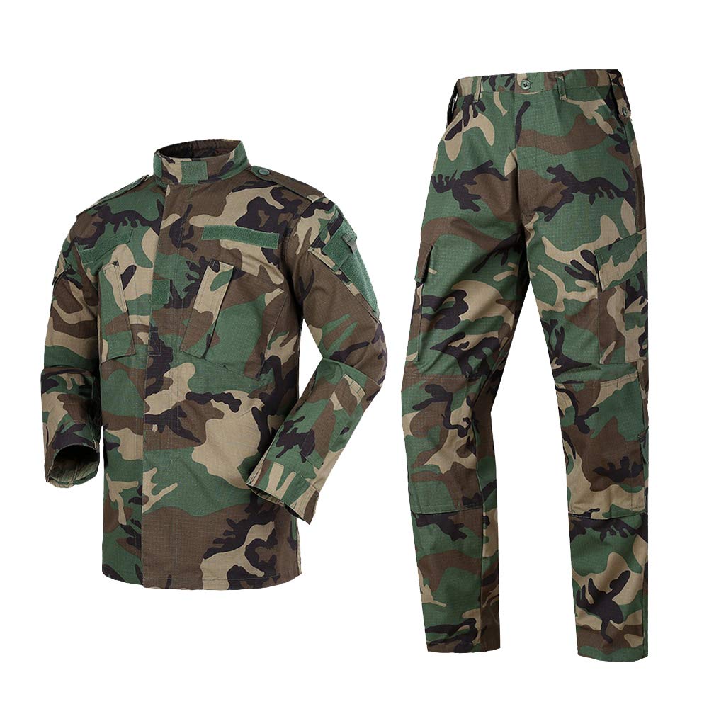 Chaqueta Táctica BDU y Pantalón de Combate para Hombre, Manga Larga, Múltiples Bolsillos, Camo, Uniforme Traje Táctico de Airsoft Woodland Hunting Uniforme Militar