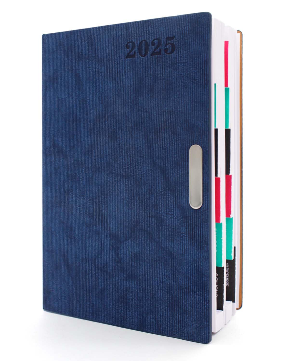 HW CASA Agenda 2025 Giornaliera,Formato A5,200 Pagine,Copertina Rigida in Pelle Scamosciata in PU,Passante per Penna e Elastico,con Pagina Singola ed Etichette Mensili Colorate e Piano Mensile,Blu