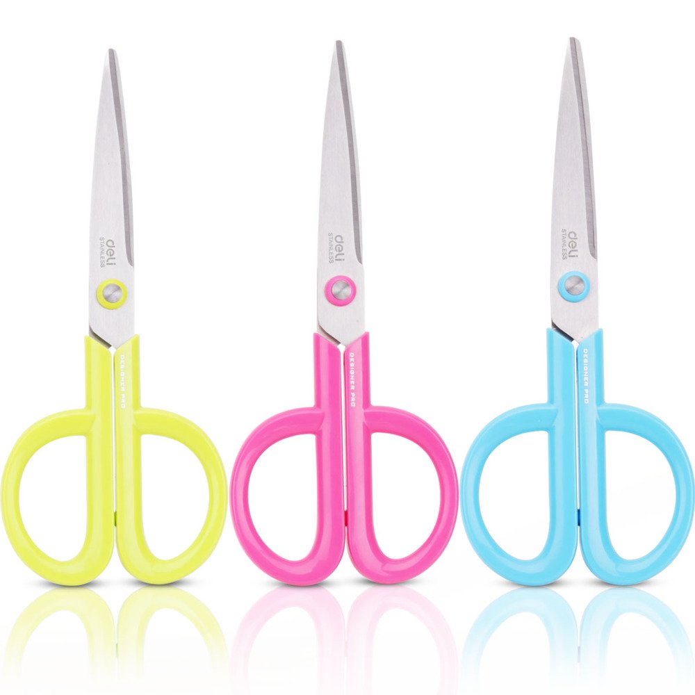 Deli Tijeras de acero inoxidable, 17,78 cm, larga duración, varios colores (verde/rosa/azul)