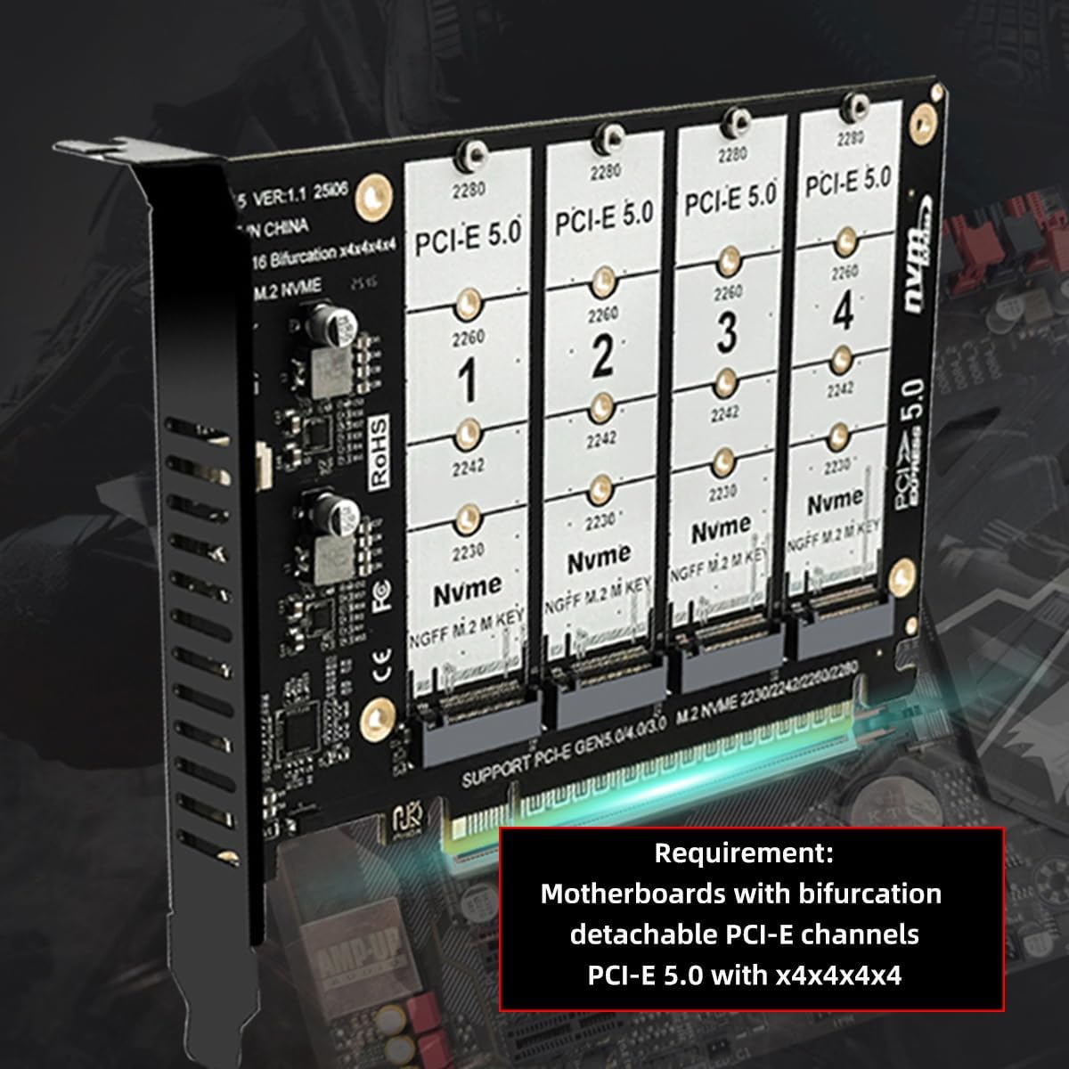 Virtual Raid NGFF 4X NVME M.2 NGFF SSD to Detachable Bifurcation PCIE Express 5.0 Gen5 Gen4 X16 Raid Card VROC Raid0 Hyper Adapter