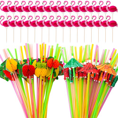 150 Pieces Hawaiian Beach Cocktail Luau Party Decorations Supplies Set Including 50 Umbrella Parasol Drinking Straws, 50 Pieces Mixed Color 3D Fruit Straws, 50 Flamingo Cocktail Handmade Bamboo Picks
