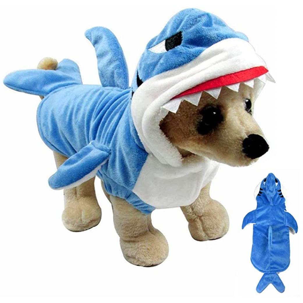 Dog Costumes for Small Dogs, Halloween Dog Shark Costume with Christmas Cosplay Fleece Warm Hoodie, Adorable Winter Coat Outfits for Cats and Dogs, Blue, Small