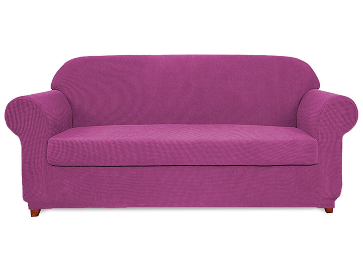 Housse de canapé extensible violette pour harmoniser la décoration d'un salon chaleureux