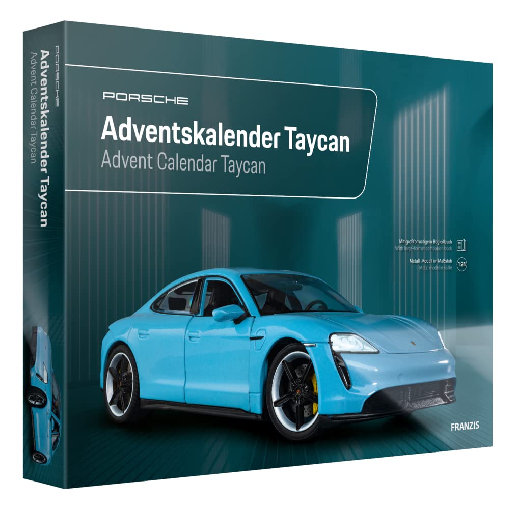 Franzis 67203 The Porsche Taycan Frozen Blue Advent Calendar, metal model in 1:24 scale, includes LED living room lighting and a 52-page book... Porsche Advent Calendar Taycan