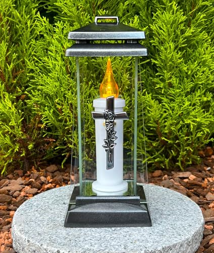 Lanterne funéraire avec motif croix - Petite lampe funéraire - 27,5 cm de hauteur - Bougie funéraire argentée à paillettes - Bougie funéraire - Lanterne avec bougie