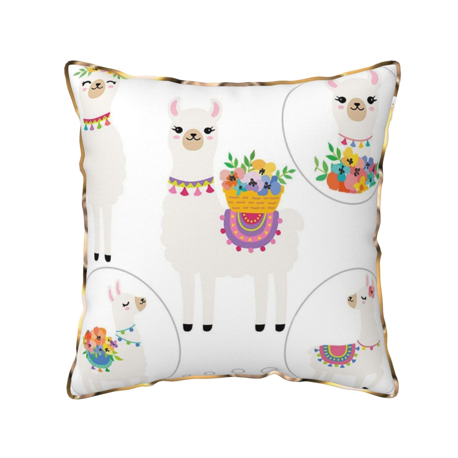 AUBKFELD Llama Printed Velvet Cushion Cover 40x40 CM with Gold Edging Strip, Square Pillowcase Soft Throw Pillow Covers Case Decorative for Living Room Sofa Couch Bed Bench