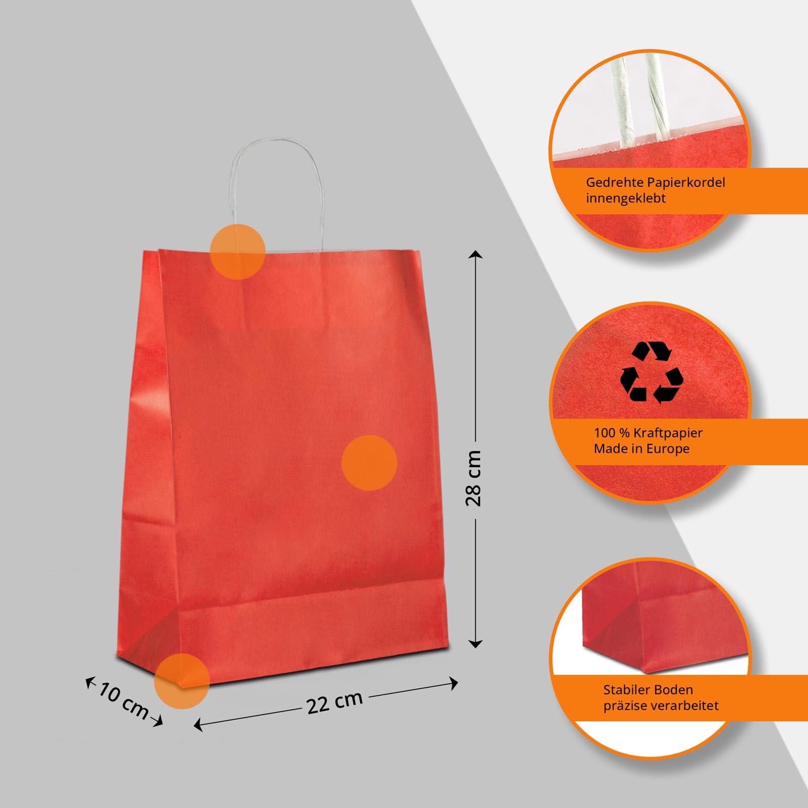 Papiertüten rot mit Kordel-Henkel I 250 Stk. 22+10x28cm I Papiertragetasche für Einzelhandel, Weihnachten, Mitbringsel, TO-GO I Geschenktüten aus Kraftpapier I HUTNER