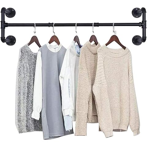 Yahoms 105cm Industrial Pipe Clothing Rack, Wall mounted Clothes Rail Hanging Display Metal Garment, Rustic Detachable Wall racks, Four Base Heavy Duty Clothes Rail Cover