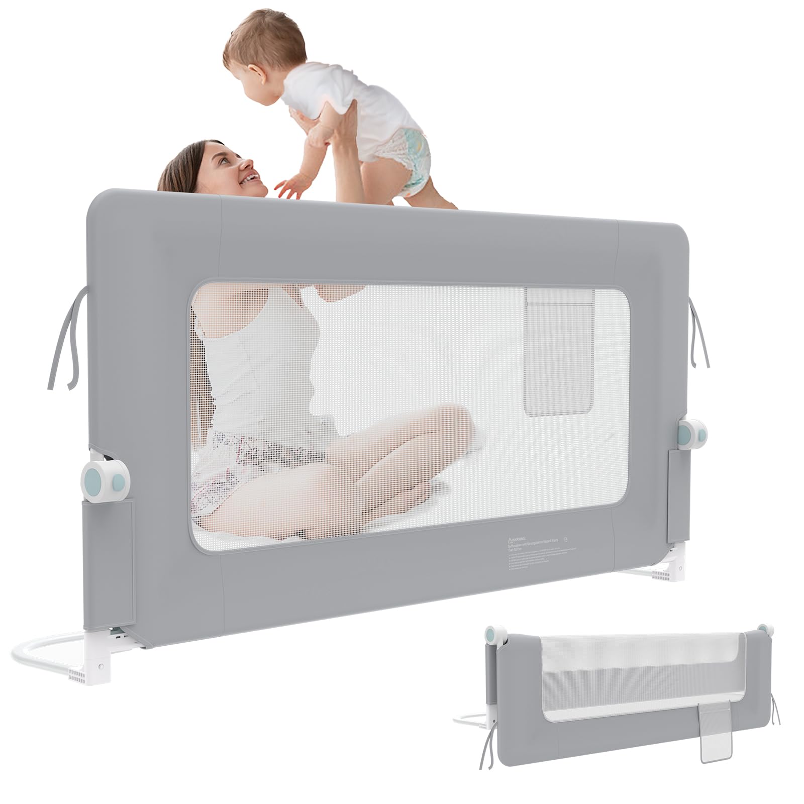 YUENFONG Barrière de lit pour enfants, 200 cm, réglable en hauteur de 72 à 96 cm, pliable, protection latérale, grise