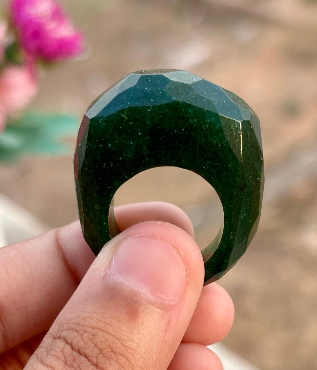 Faceted Natural Green aventurine Ring, Wide Band Statement Ring, Geometric Design, gemstone ring