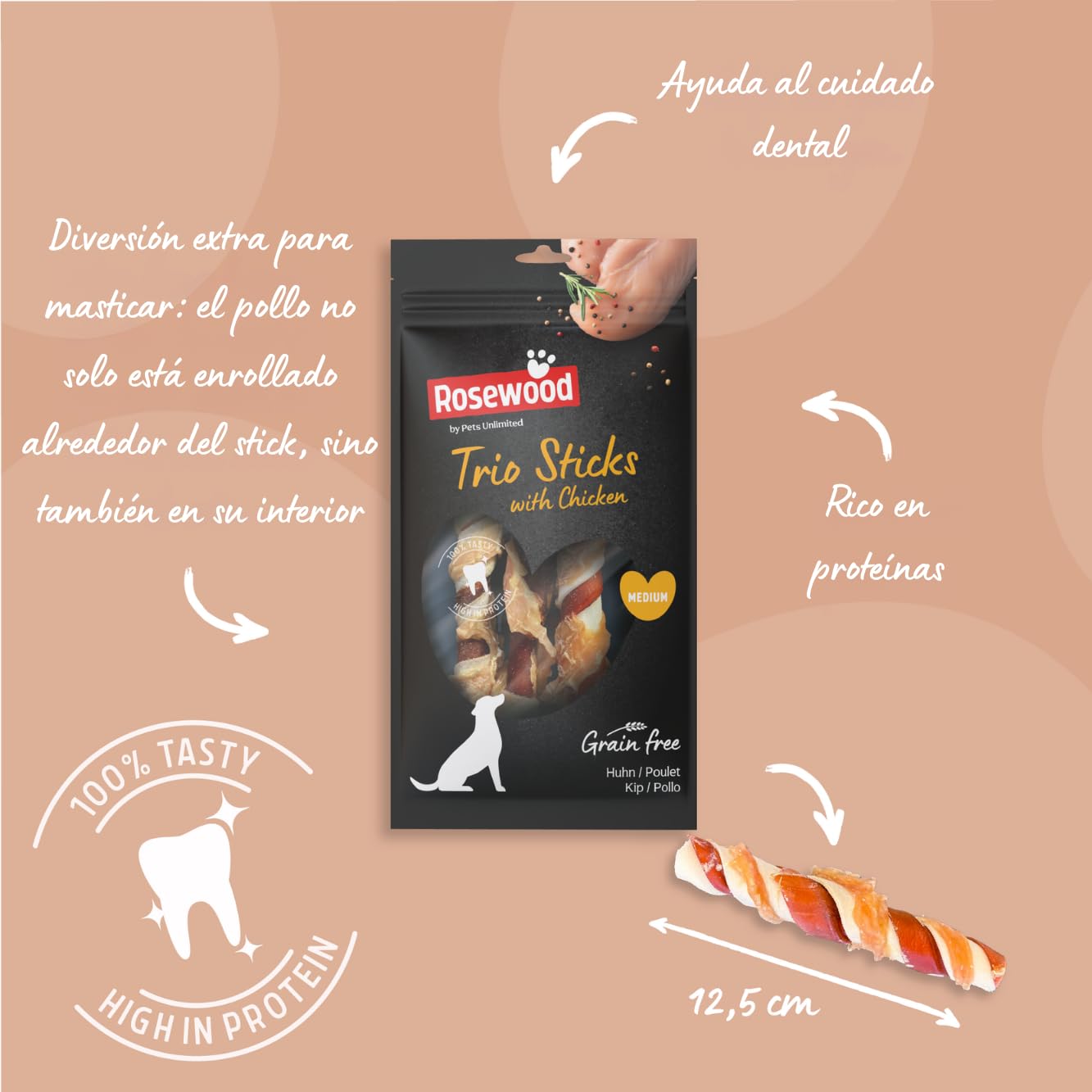 Rosewood Trio Sticks Pollo Petit - Palitos de Masticar firmes para Perros pequeños de Piel de Carne y Pollo, para Cuidado Dental, sin Gluten, Cereales y aditivos Artificiales, Juego de 6 x 100 g