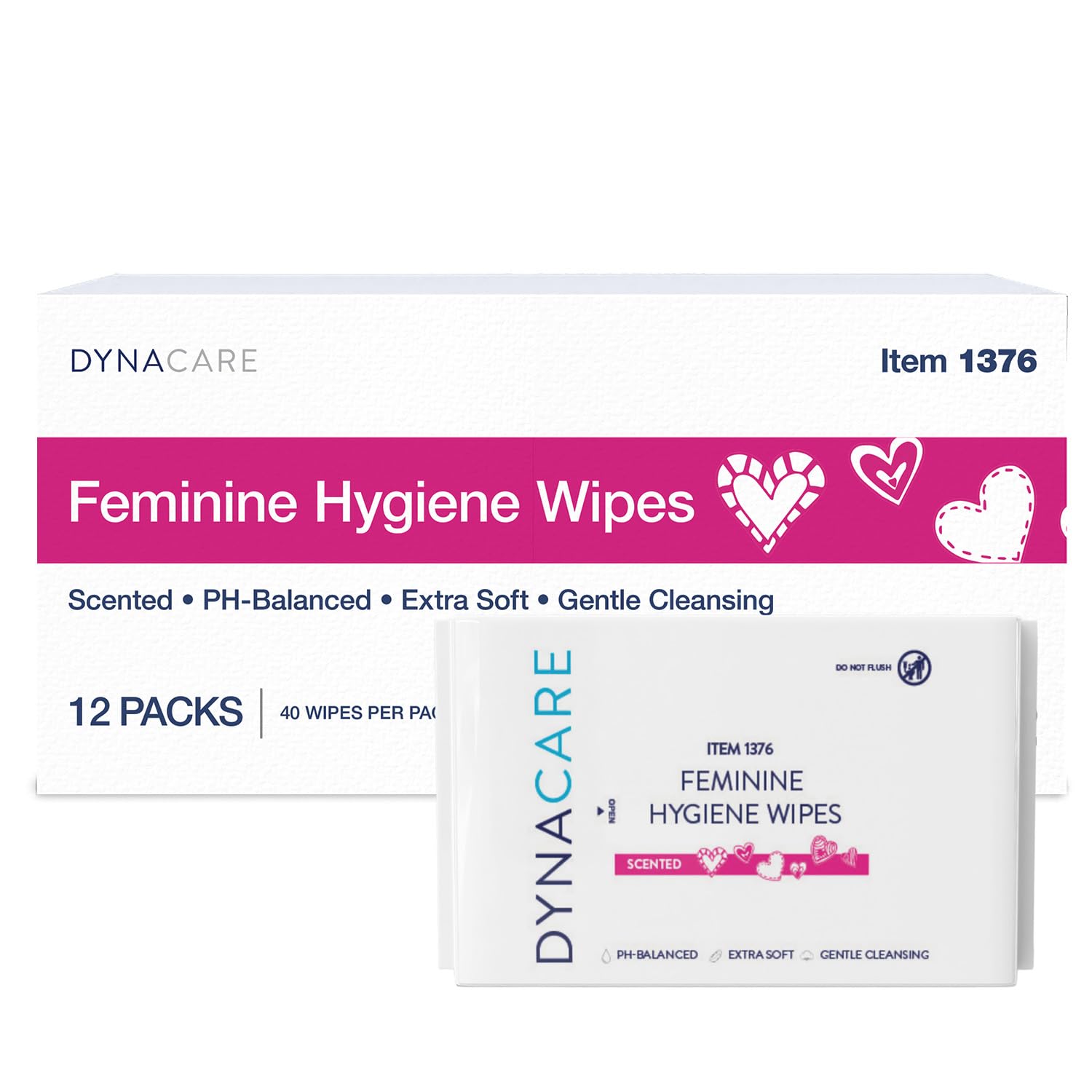 Dynarex HerCare Feminine Hygiene Wipes - 12 Pack, 40 Wipes per Pack - 5.5" x 8" pH-Balanced, Alcohol-Free, Hypoallergenic, Resealable Packs, Travel Essentials for Women