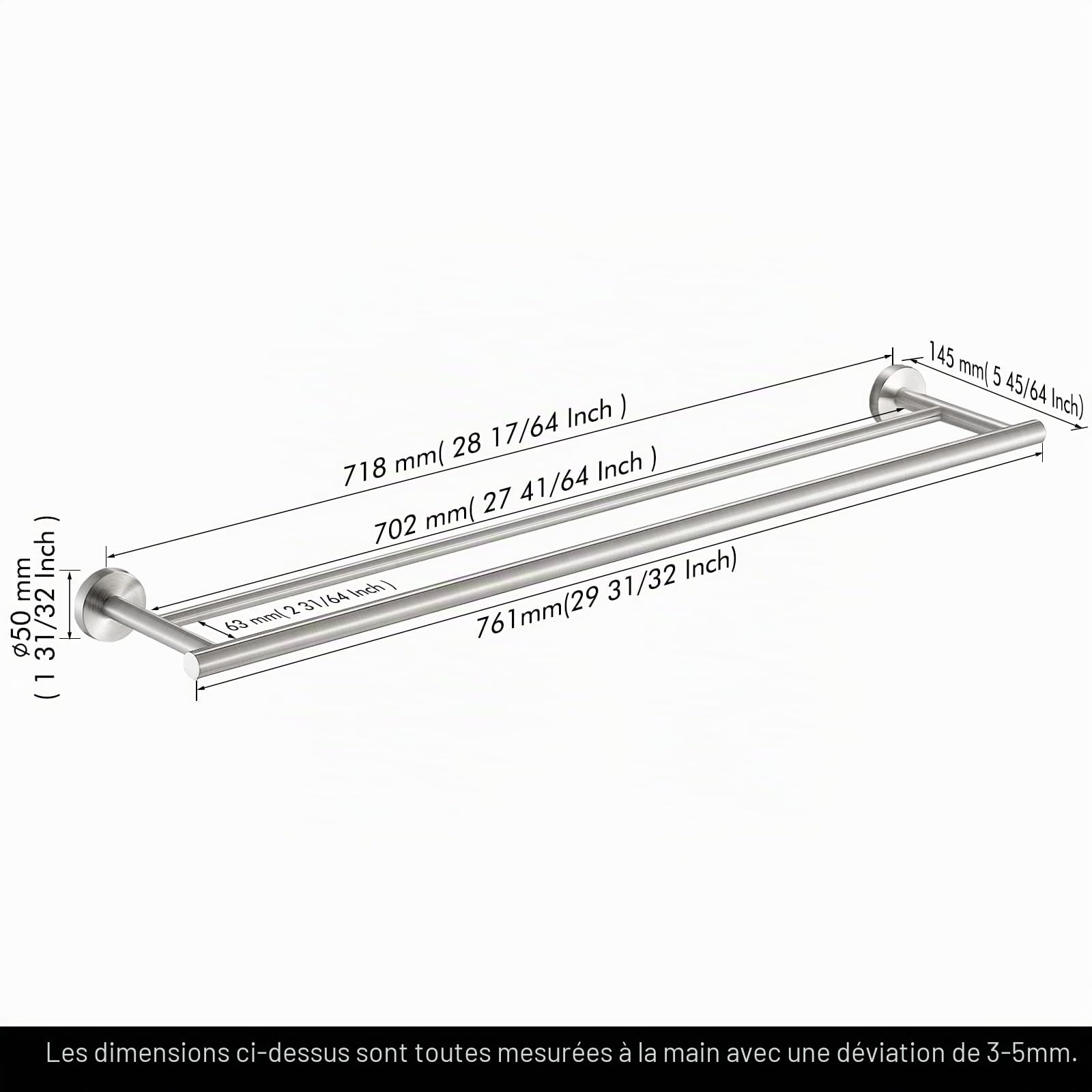 KES Double Porte-Serviettes en Acier Inoxydable Porte-Serviettes de Salle de Bain Cintre Mural Double Rail de Douche Rond Style Moderne Finition Brossée 75CM, A2001S75-2