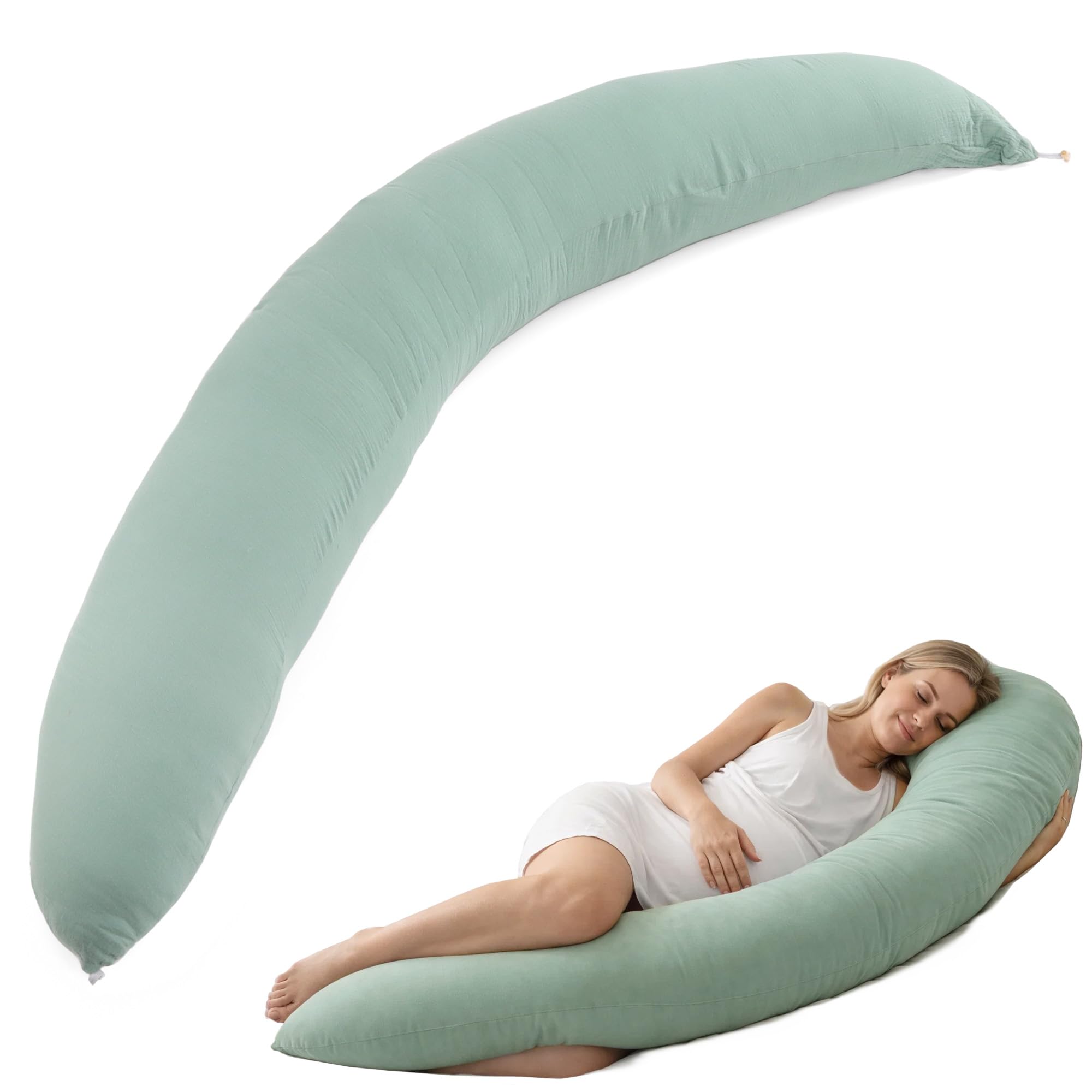 CALIYO Stillkissen XXL 190 × 32 cm, Seitenschläferkissen & Schwangerschaftskissen, Lagerungskissen für Erwachsene, Stillkissen mit Füllung und abnehmbarem, maschinenwaschbarem Bezug (Hellgrün)