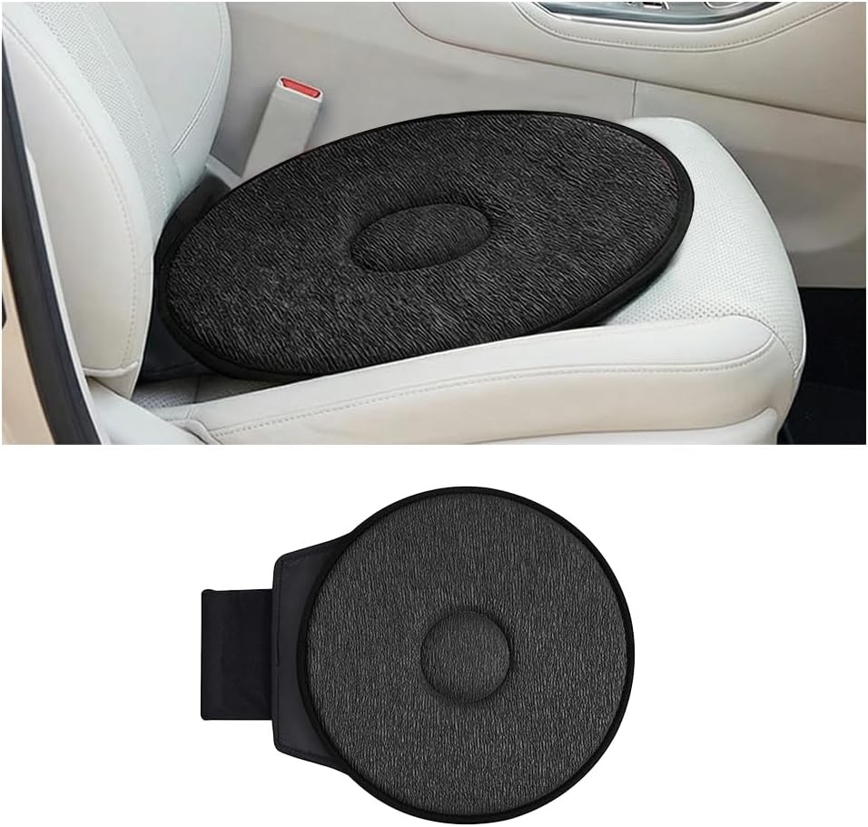 360 Degree Swivel Car Seat Cushion, Round Rotating Non Slip Vehicle Chair Pad for Elderly Support, Portable Removable Automotive Interior Seat Assist Pad, Universal for Sedan RV Truck (Black)