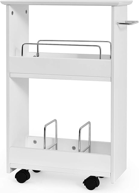 COSTWAY Slim Rolling Storage Cart, 2-Tier Narrow Slide Out Trolley with Open Shelves, Metal Dividers and Towel Bar, Freestanding Bathroom Storage Cabinet on Wheels for Kitchen and Laundry Room