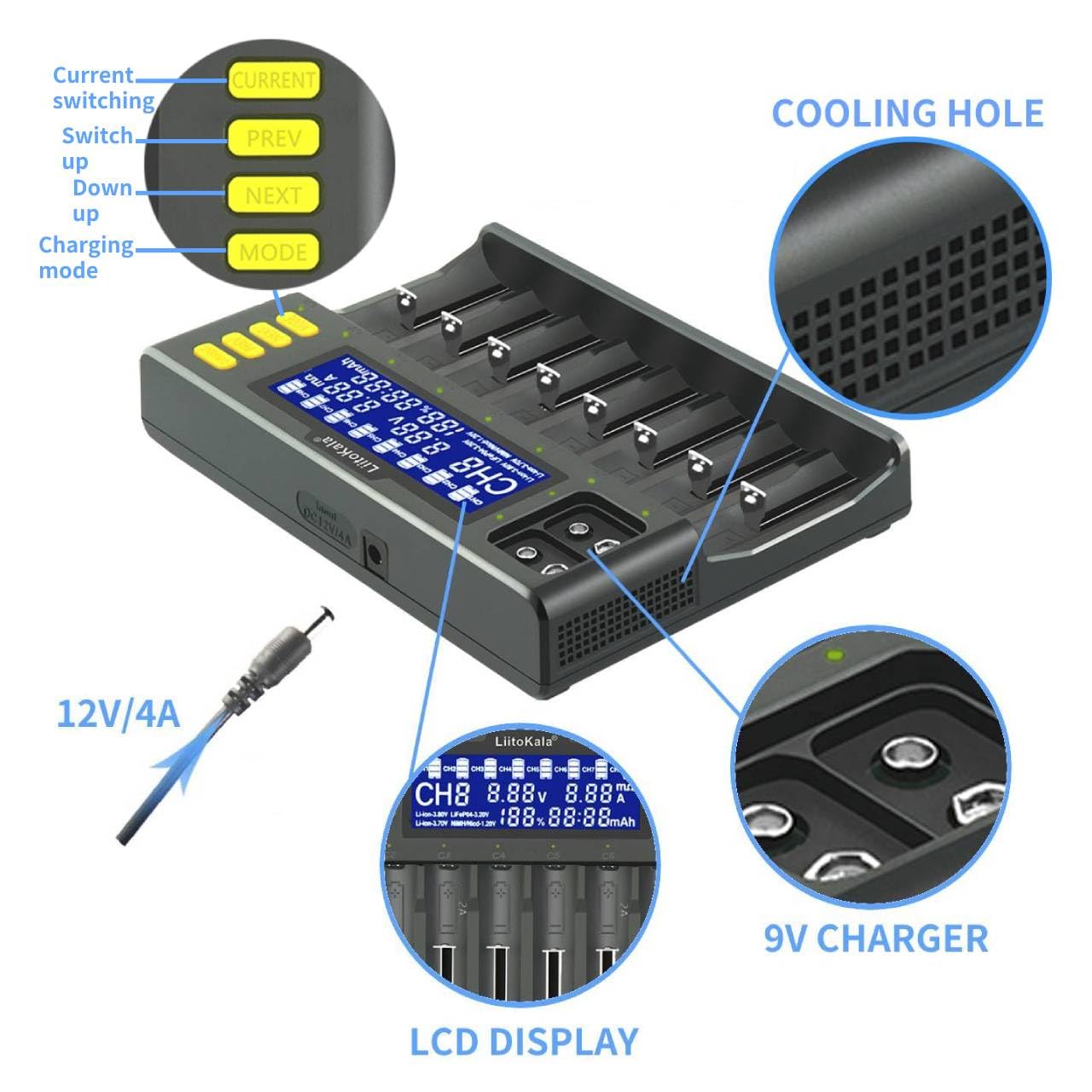 Chargeur de Batterie 18650, LiitoKala LII-S8 Chargeur de Batterie 9V avec écran LCD, Chargeur Batterie pour Li-ION LiFePO4 Ni-MH Ni-CD AA AAA C 21700 26650 13650 16340 18700 RCR123, 8 Baies