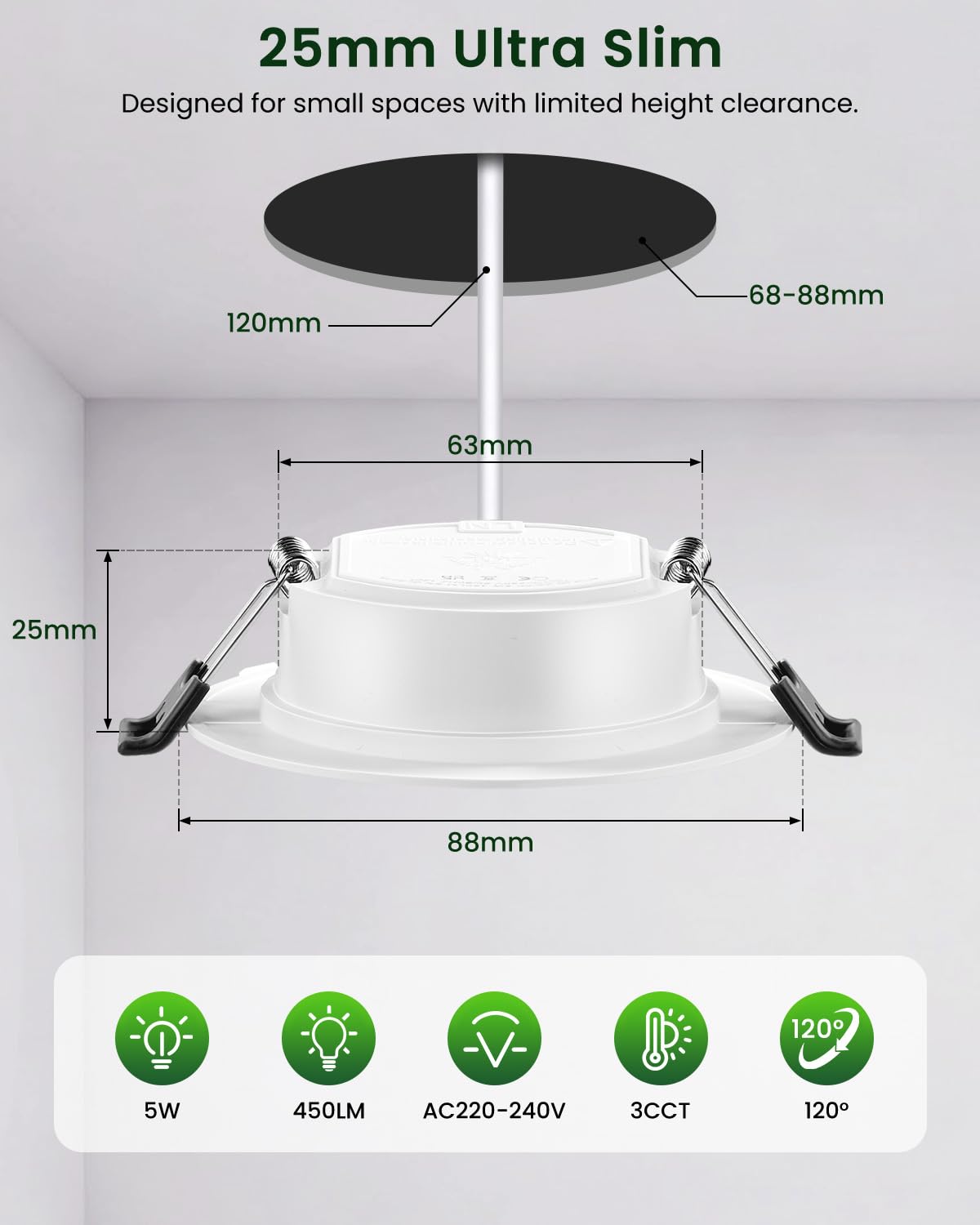Downlight LED Techo Empotrable 5W, Focos LED Interior Techo 450LM, Blanco Cálido 3000K, IP44 Ojos de Buey Redondo, para Baño Cocina Salón, Extraplano 25mm, Φ68-80mm, Pack 12
