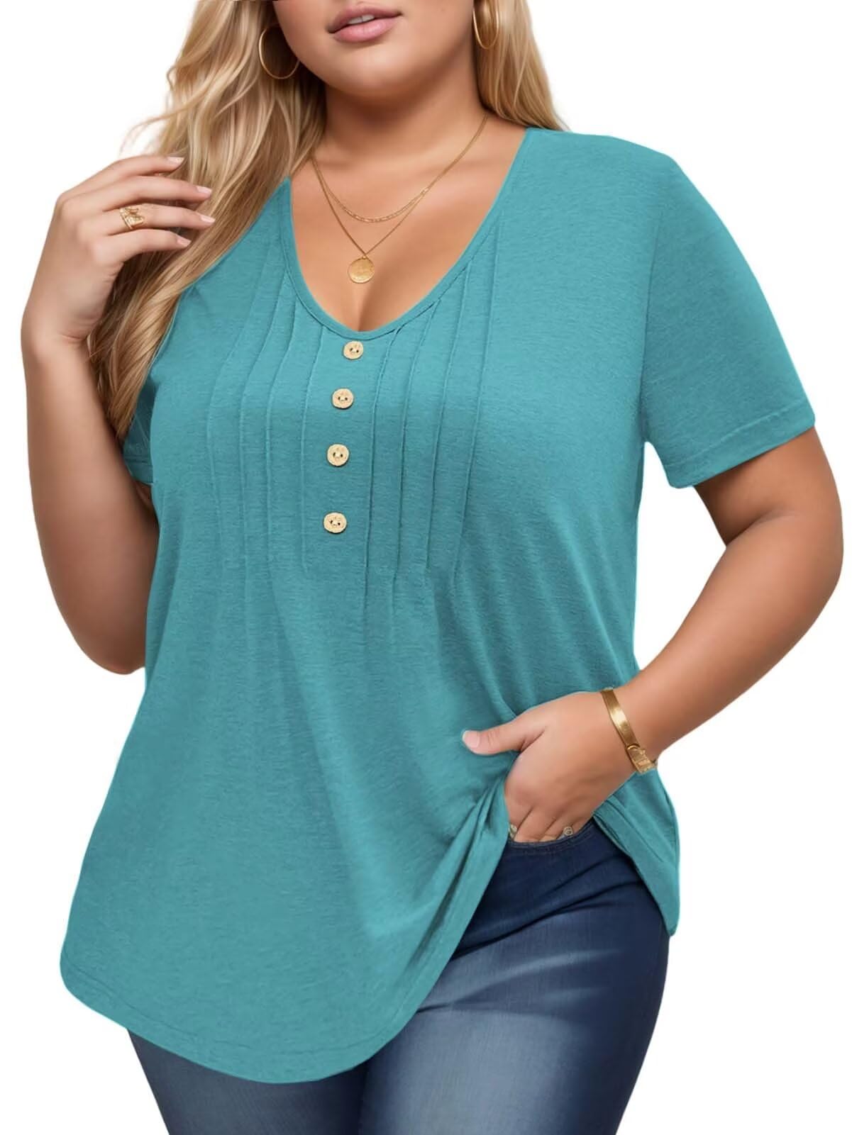 DOLNINE Womens Plus Size Tops Casual Pleated Front V Neck Button Summer Loose Fit Shirts XL-5XL