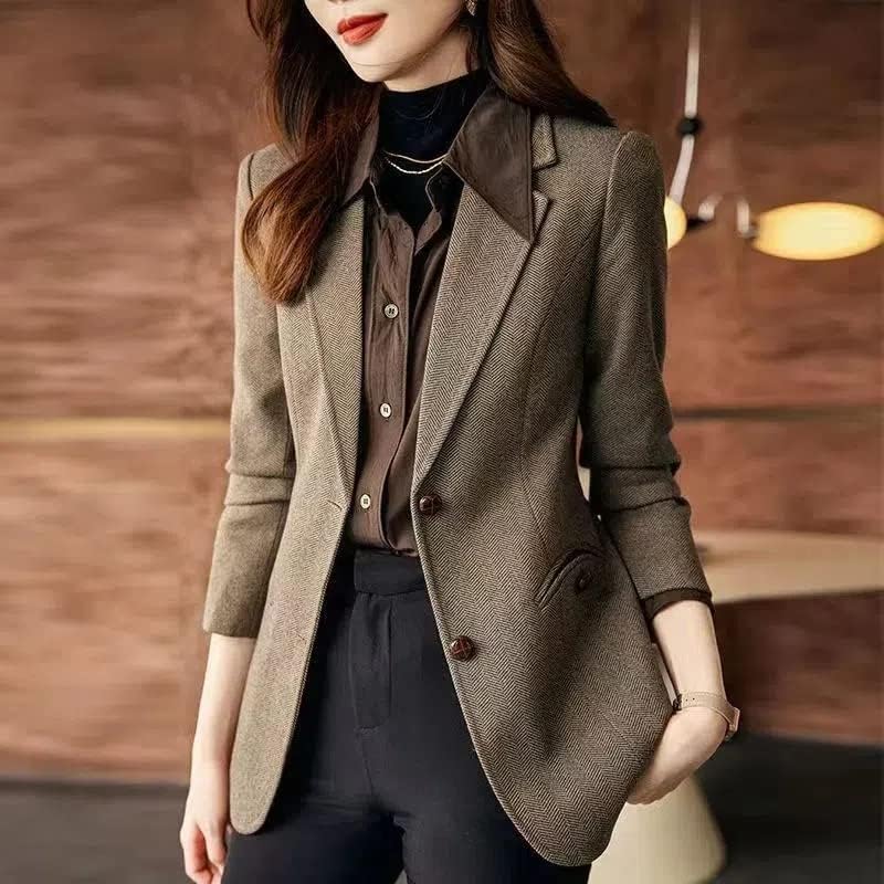 Herringbone Wool Blazer Womens Autumn Slim Office Ladies Blazers Coat Short Female Classic Casual Outwear