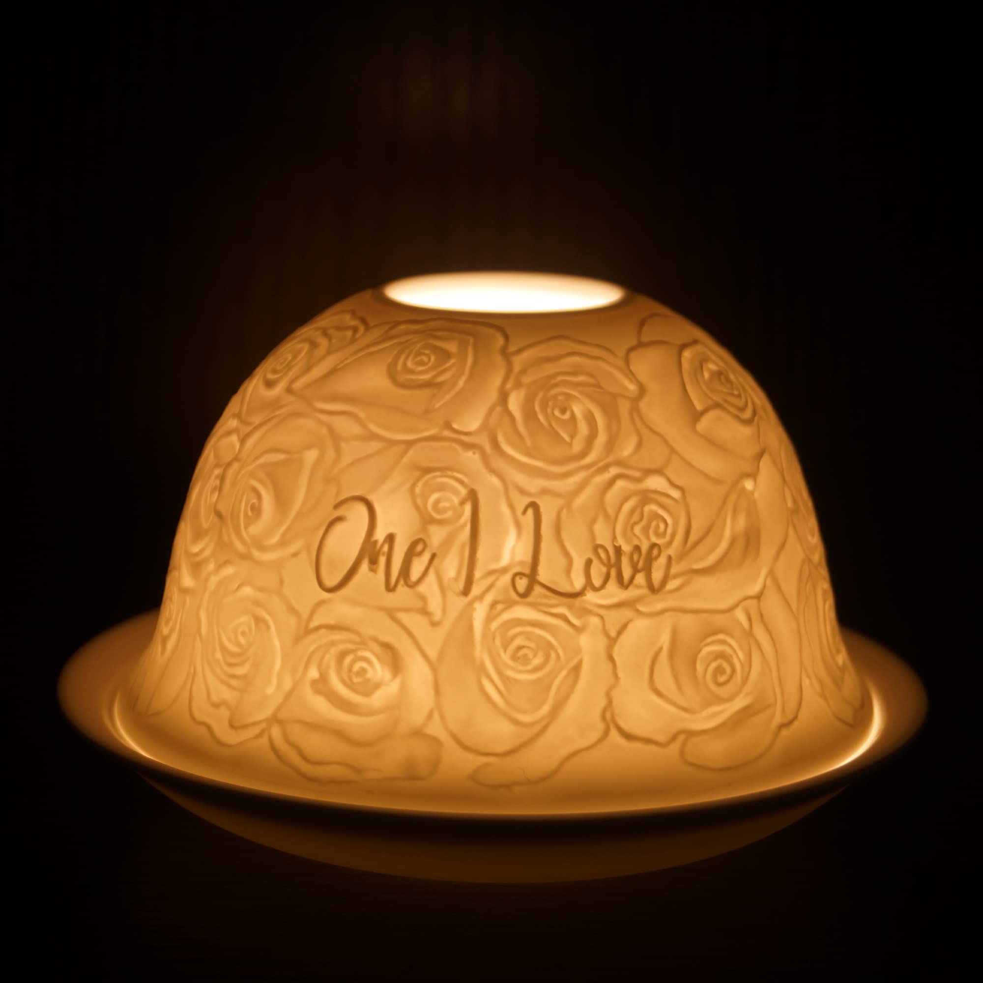 Cello Porcelain Tealight Holder Dome - One I Love Design with 3D Projection Image & Loving Message Scented Unscented LED Candle Wax Warmer Anniversary Valentine Mother`s Day Bedroom Home