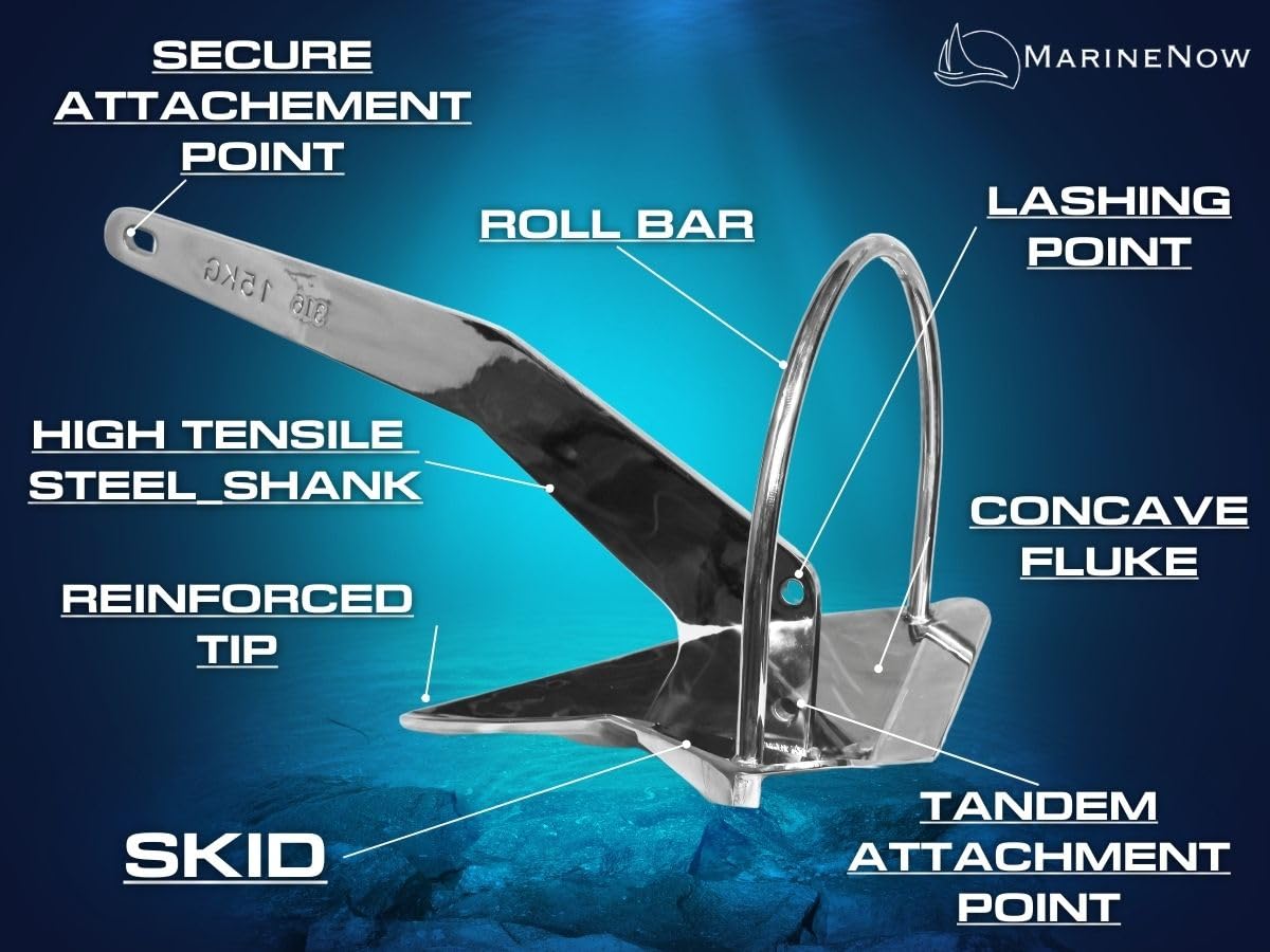 MarineNow AISI 316 Stainless Steel Shovel Scoop Style Next-Gen Anchor with Roll Bar (9 lb/4 kg)