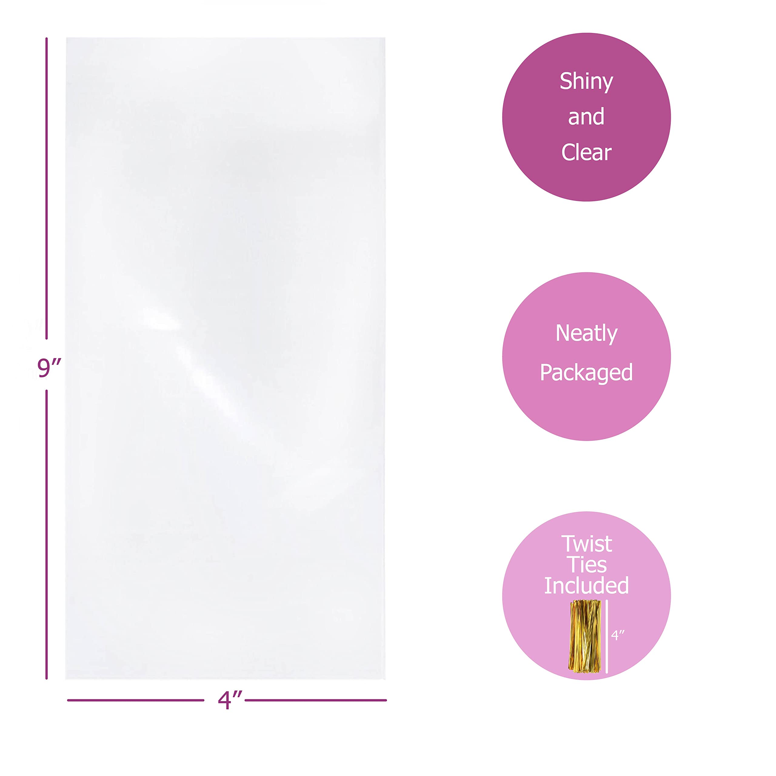 Purple Q Crafts Bolsas de celofán de plástico transparente con lazos de colores de 4 pulgadas para regalos de fiesta (100 unidades de 4 x 9 pulgadas)