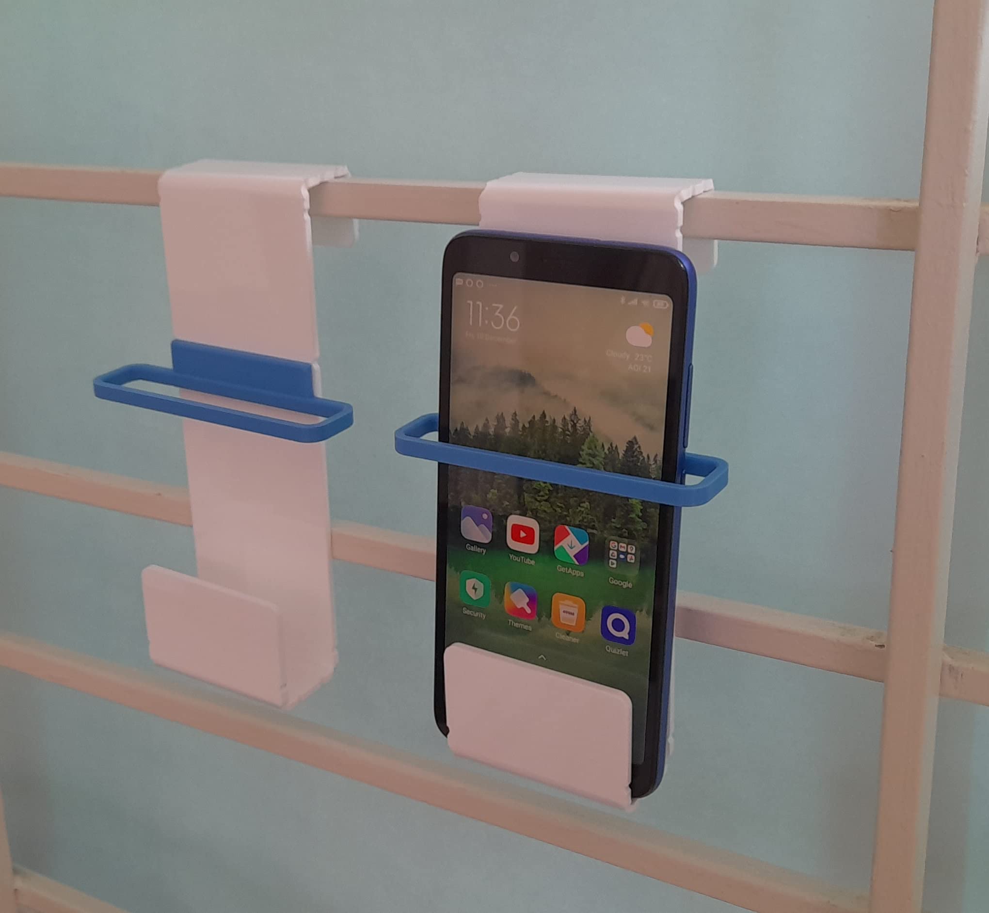 makerv window rail mount mobile phone holder, mobile phone charging stand, clip-on cell phone stand: white/blue:pack of 2