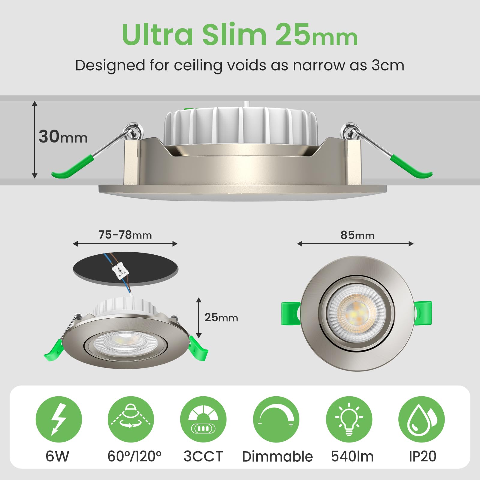 ALUSSO LIGHTING Spot LED Encastrable Nickel 6W 230V, 45° Pivotant Orientable, Trou Φ75-78mm, Dimmable Chaud 3000K Naturel 4000K Froid Blanc 6500K, 540lm Plafonnier Encastré, Lot de 6