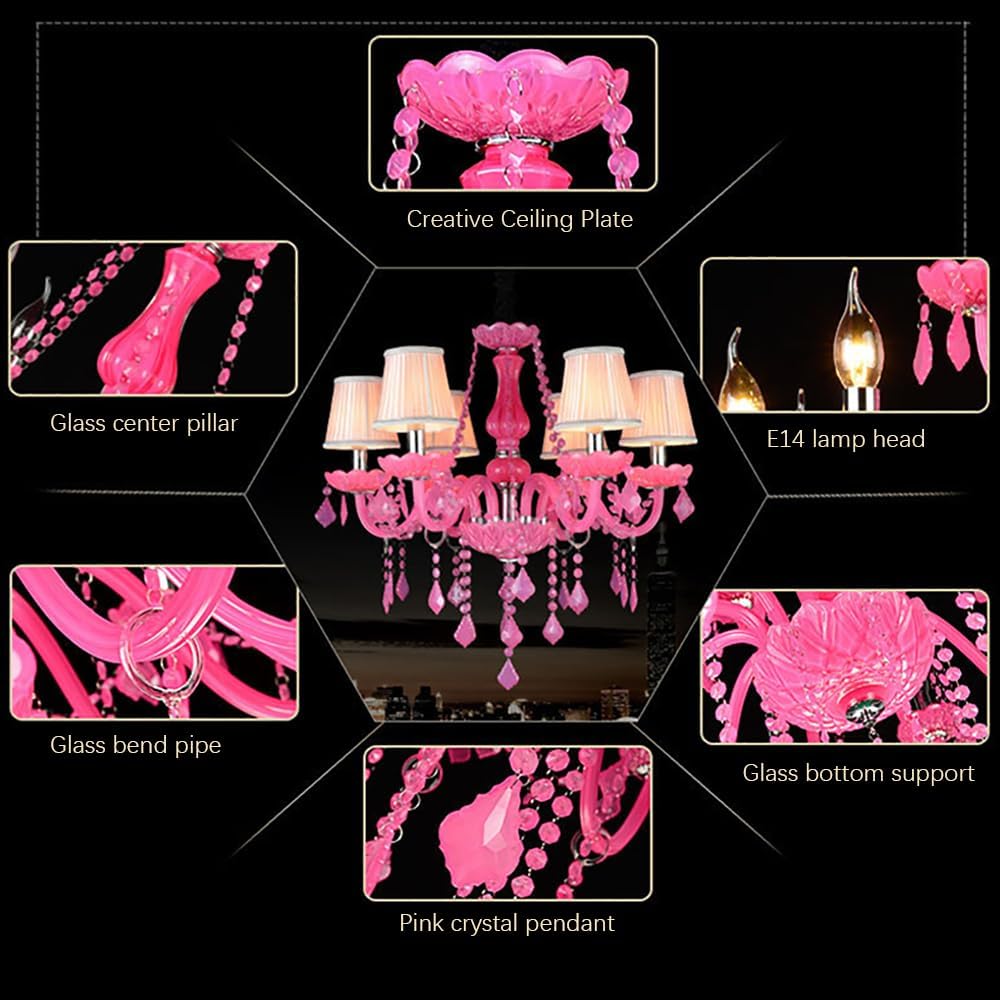 European Crystal Candle Pink Pendent Lamp Luxury Living Room Restaurant Bedroom Girl's Room Villa Hotel Clothing Store Beauty Salon Cafe Bar KTV Chandelier (A B 6 Lights)