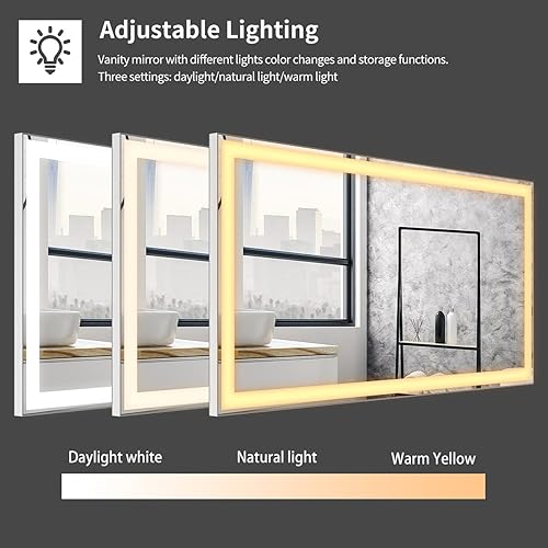 Miniatura 6 de Espejo de baño LED grande de 60 x 40 pulgadas para tocador, espejo de tocador iluminado moderno plateado para pared, función de memoria y espejo de