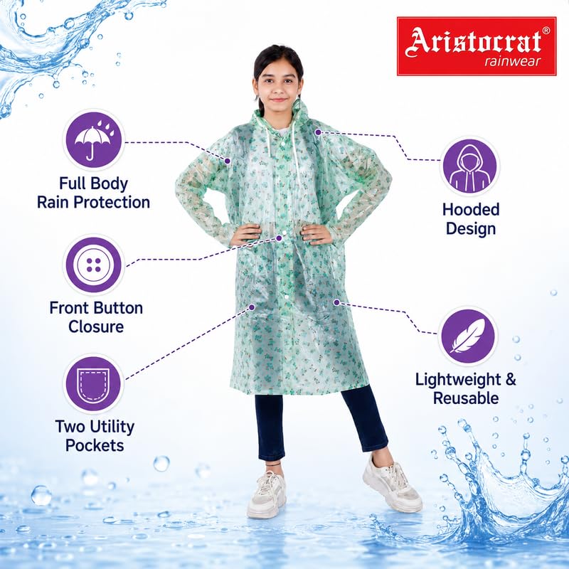 Image of Aristocrat Kids Humpty Dumpty Waterproof Raincoat with Hood | Knee Length Rainwear for Boys & Girls | Regular Fit Rain Jacket with Two Front Pockets | All-Weather Protection Rainwear