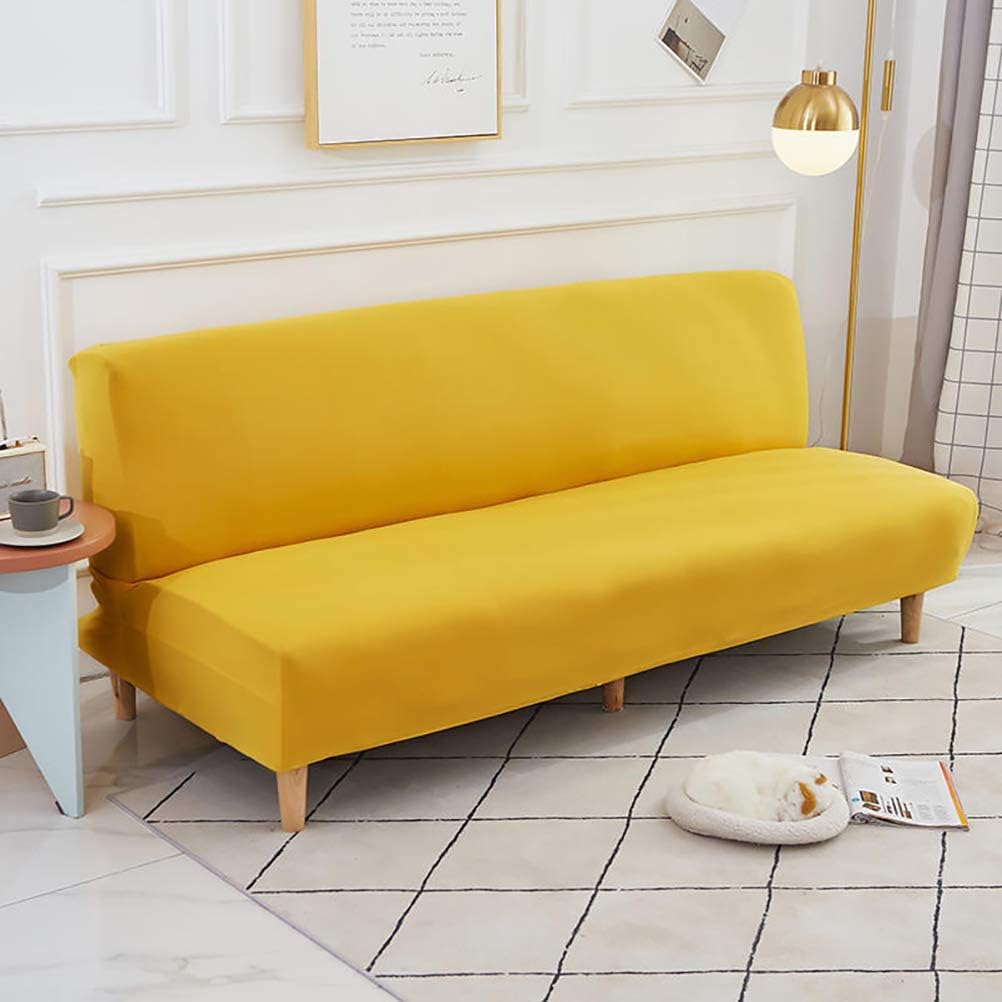 Stretch Armless Folding Sofa Slipcover Elastic One Piece Spandex T Cushion Futon Bed Covers Solid Color Decorative Stain Dust Proof Furniture Protector Mustard Yellow